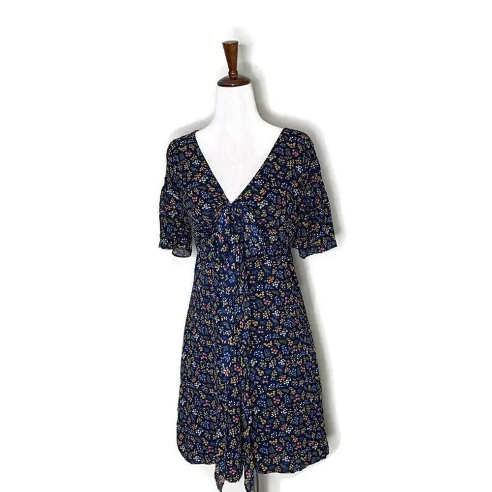 Madewell Cross Front Floral Flutter Sleeve Faux Wrap A Line Tie Dress Blue 4 - Picture 6 of 9